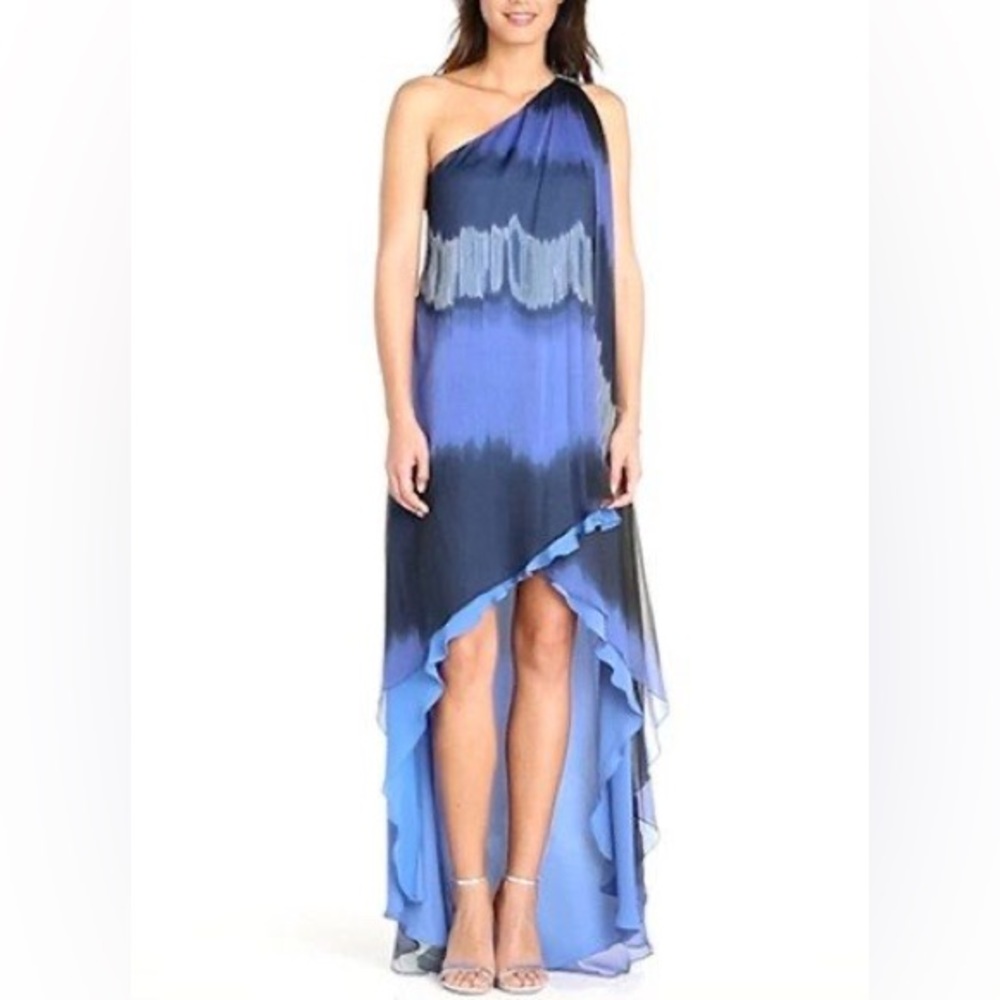 Halston Heritage‎ Navy & Cobalt Blue Abstract Stripe High Low Chiffon Dress XS